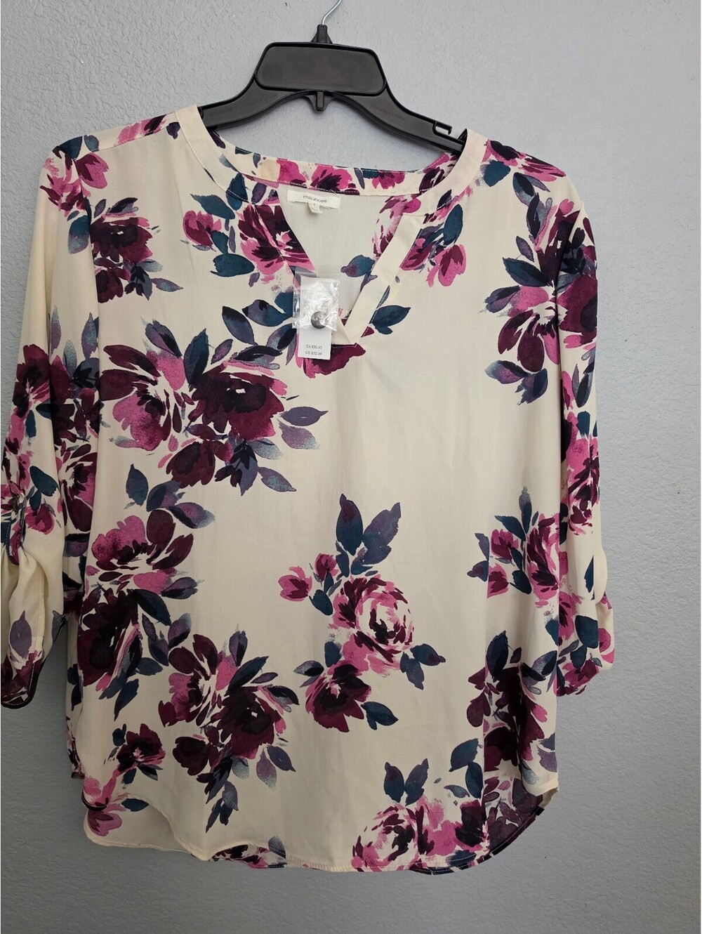 Maurices Women's XL Floral V-Neck Blouse 100% Polyester Cream Purple